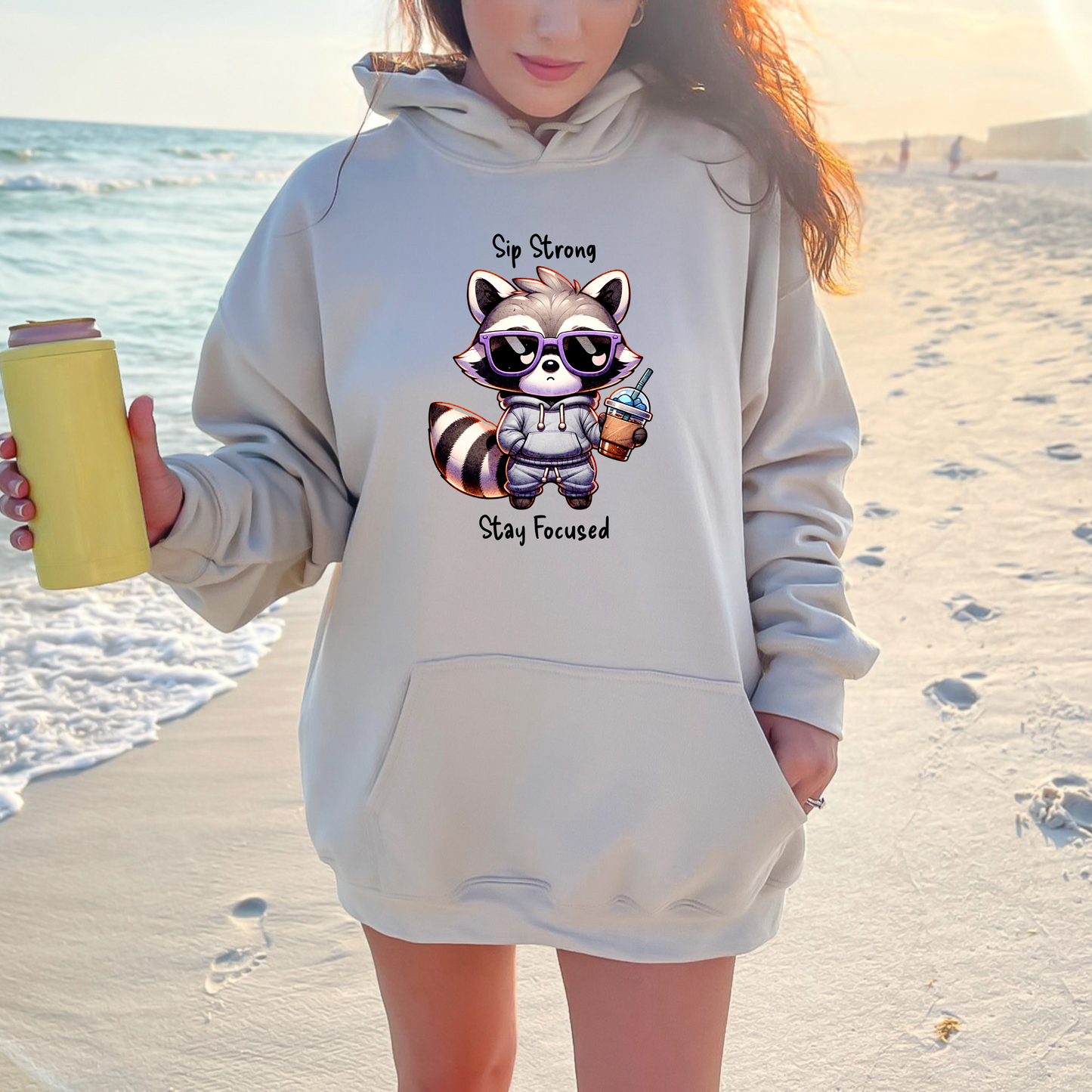 Sip Strong Stay Focused Raccoon Iced Coffee Hoodie Sweatshirt - WaveBerry Threads