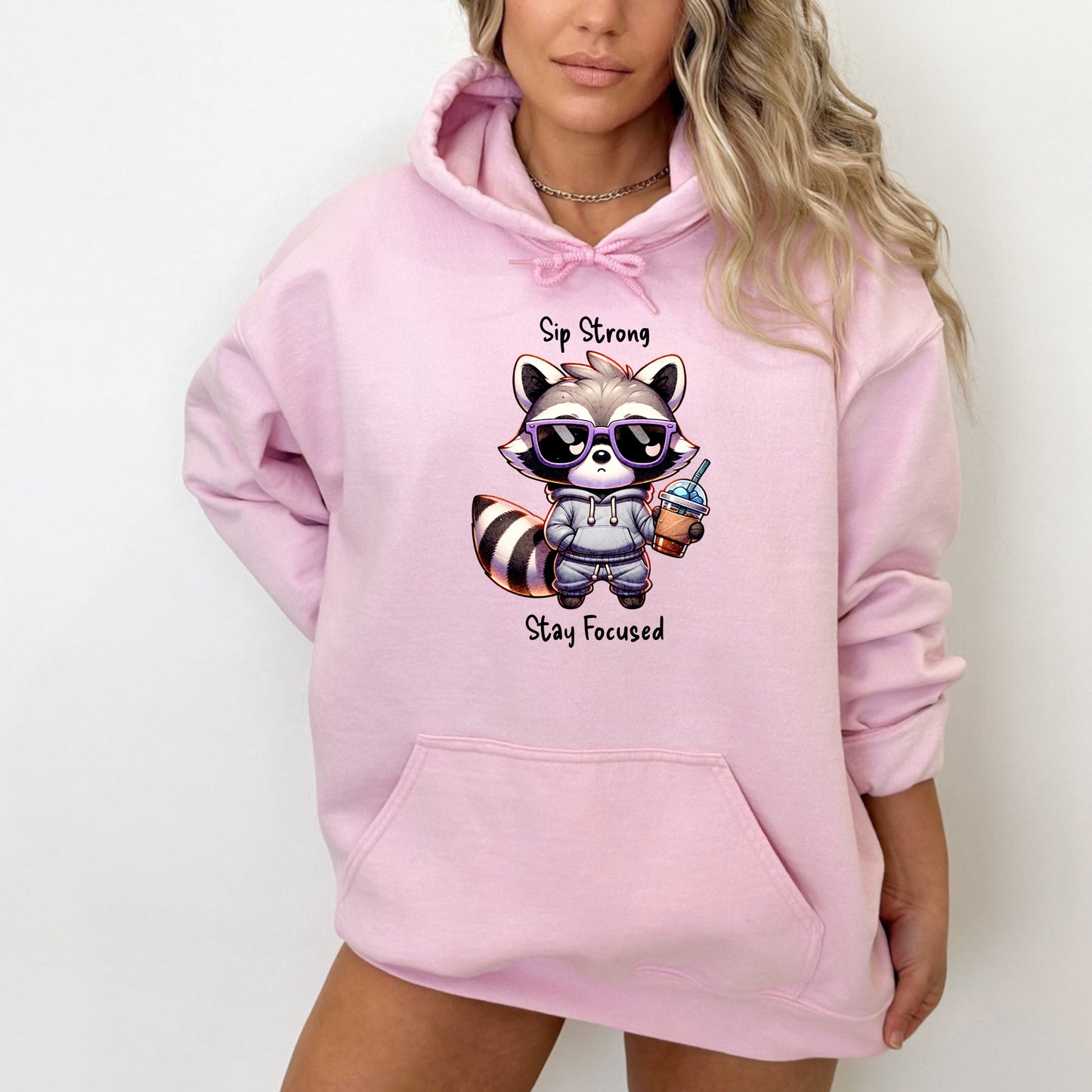 Sip Strong Stay Focused Raccoon Iced Coffee Hoodie Sweatshirt - WaveBerry Threads