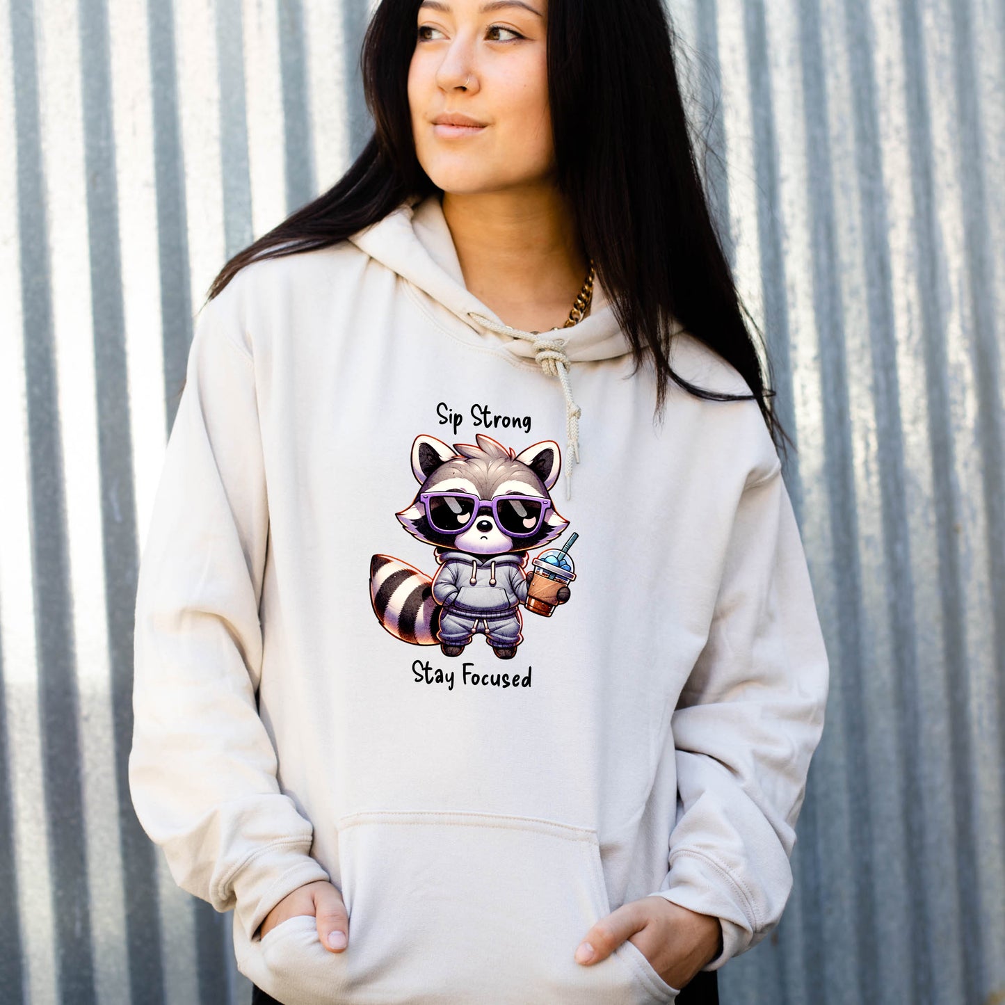 Sip Strong Stay Focused Raccoon Iced Coffee Hoodie Sweatshirt - WaveBerry Threads