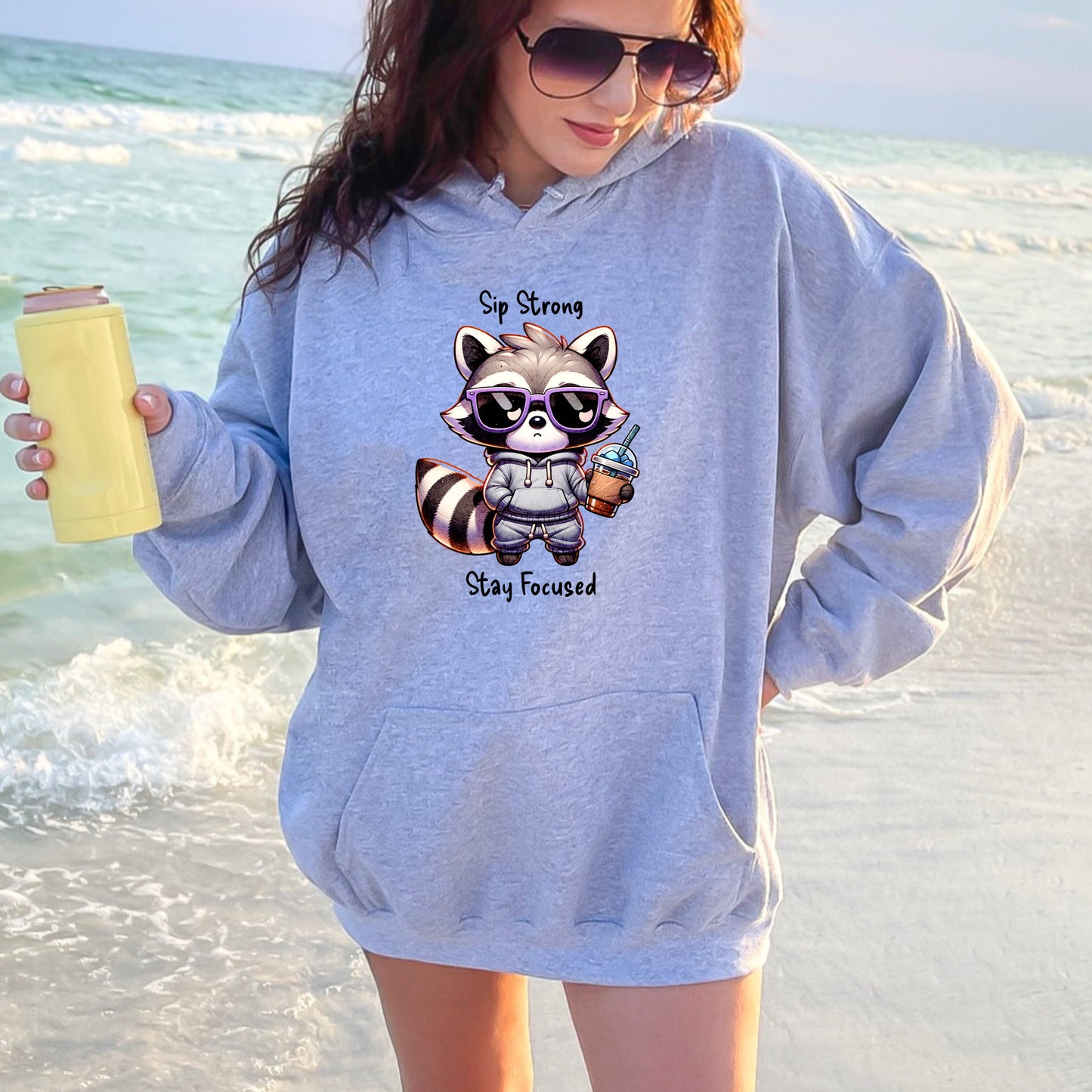 Sip Strong Stay Focused Raccoon Iced Coffee Hoodie Sweatshirt - WaveBerry Threads