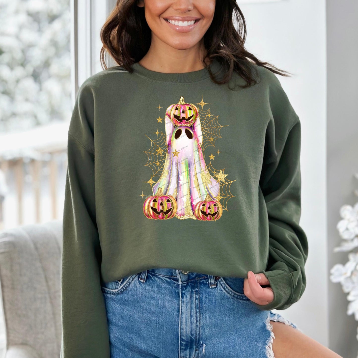 Glitter Ghost Pumpkin Crewneck Sweatshirt - WaveBerry Threads
