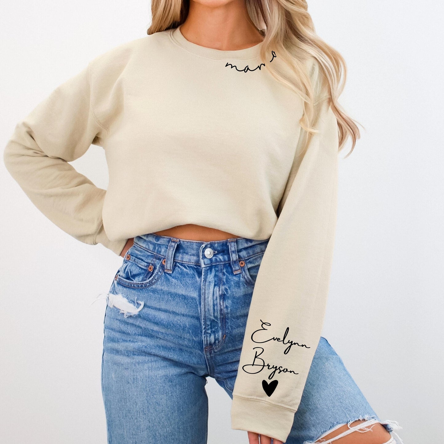 Custom Mama Sweatshirt With Kids Names On Sleeve - WaveBerry Threads