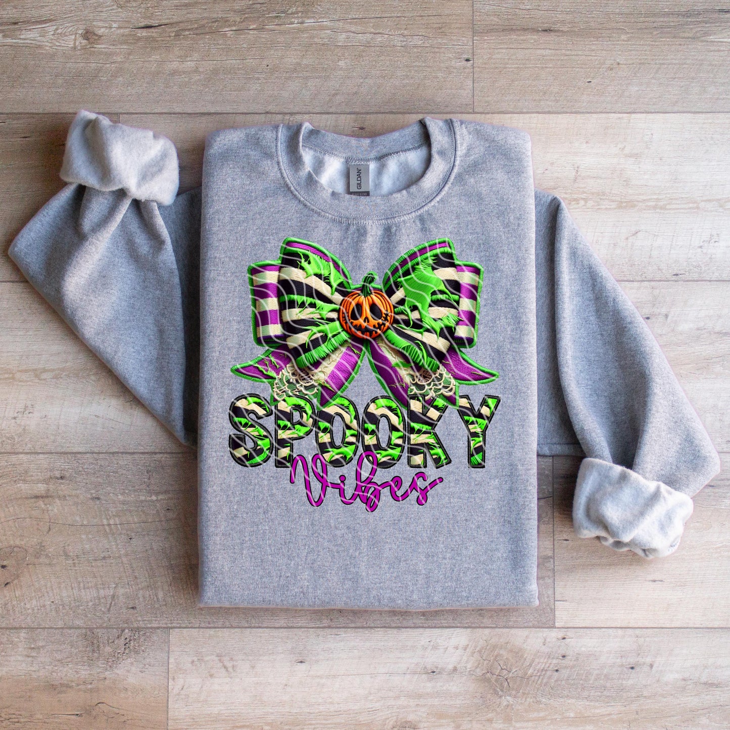 Halloween Spooky Vibes Faux Embroidery Bow Beetlejuice Sweatshirt - WaveBerry Threads