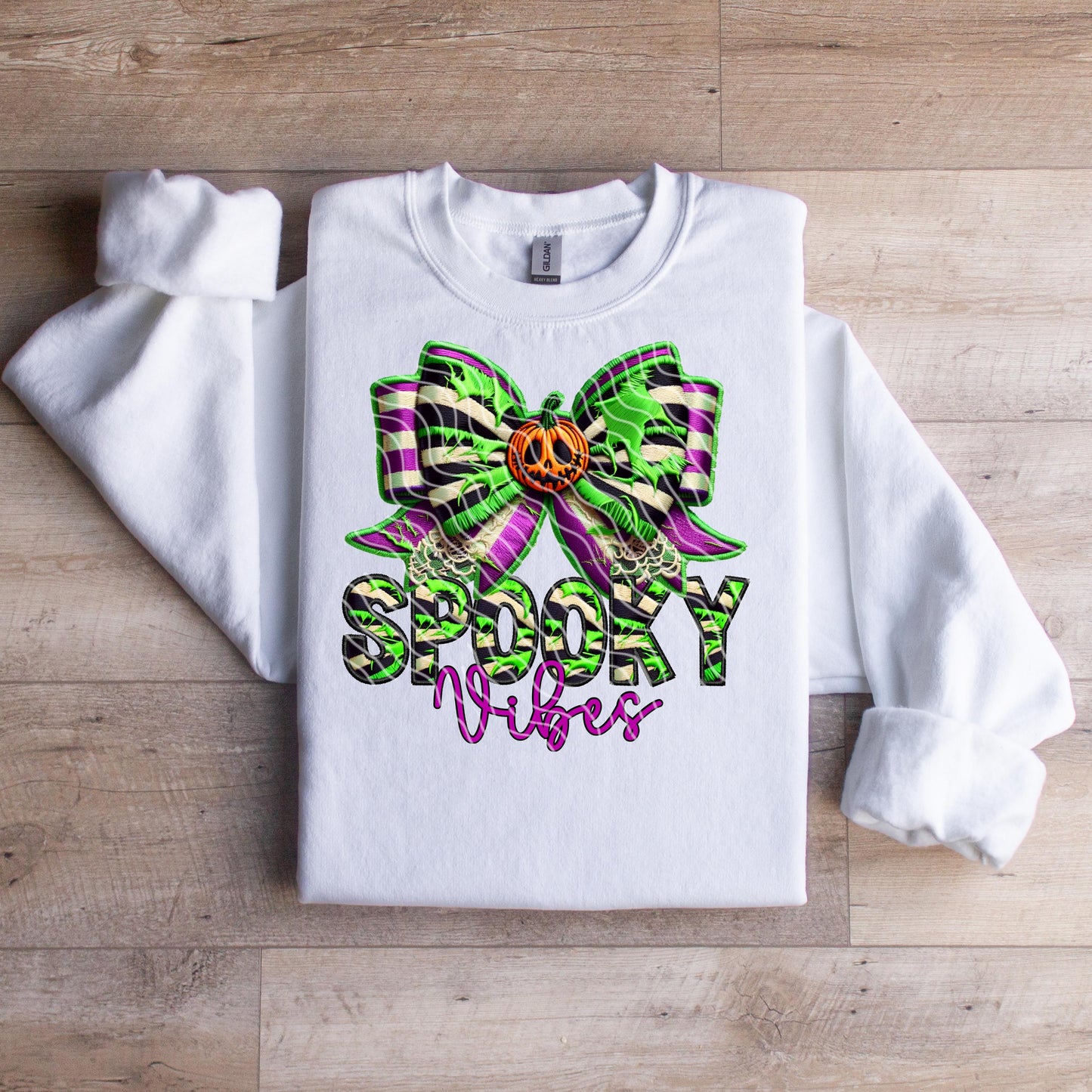 Halloween Spooky Vibes Faux Embroidery Bow Beetlejuice Sweatshirt - WaveBerry Threads
