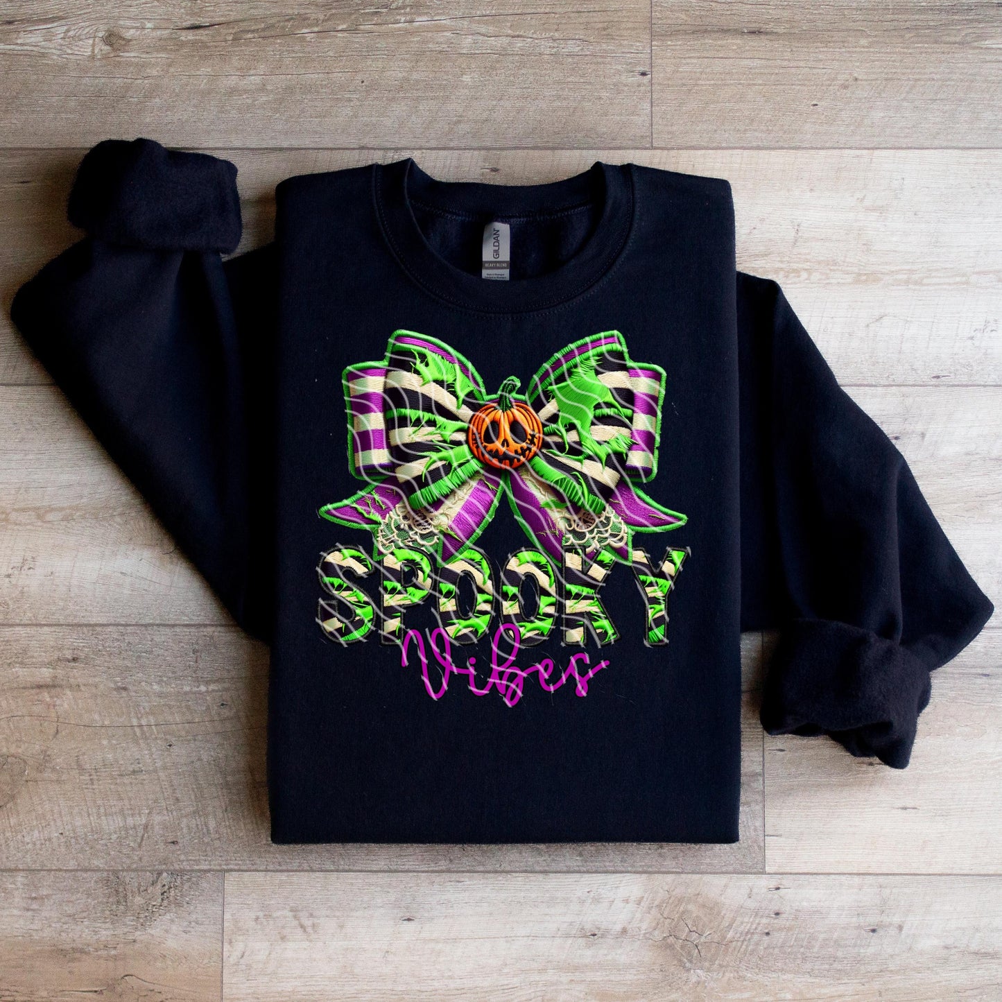 Halloween Spooky Vibes Faux Embroidery Bow Beetlejuice Sweatshirt - WaveBerry Threads