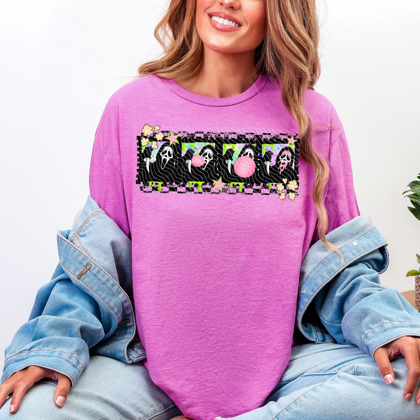 Retro Ghost Mask Bubblegum T-Shirt | Bright Color Graphic Tee | 90s Y2K Horror Pop Culture Shirt | Gildan Softstyle