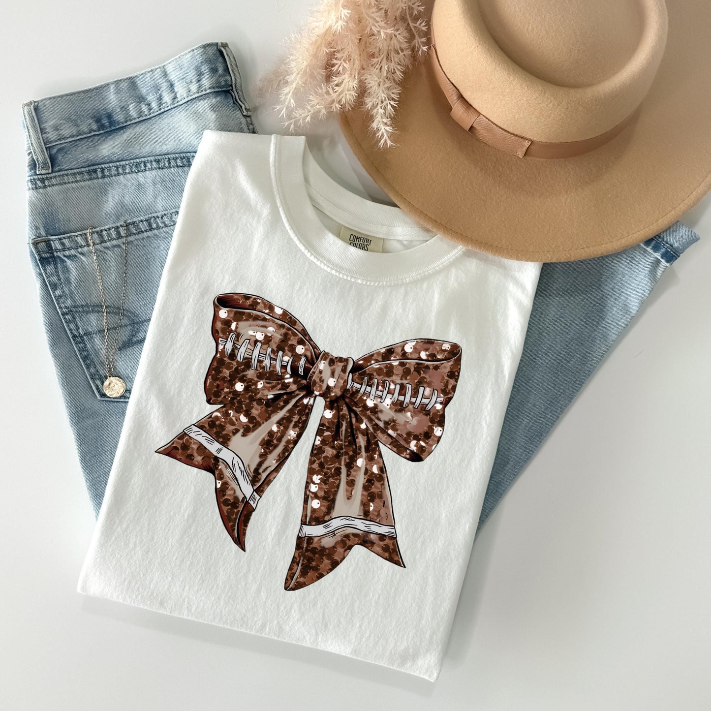 Football Bow Faux Glitter Coquette Shirt - WaveBerry Threads