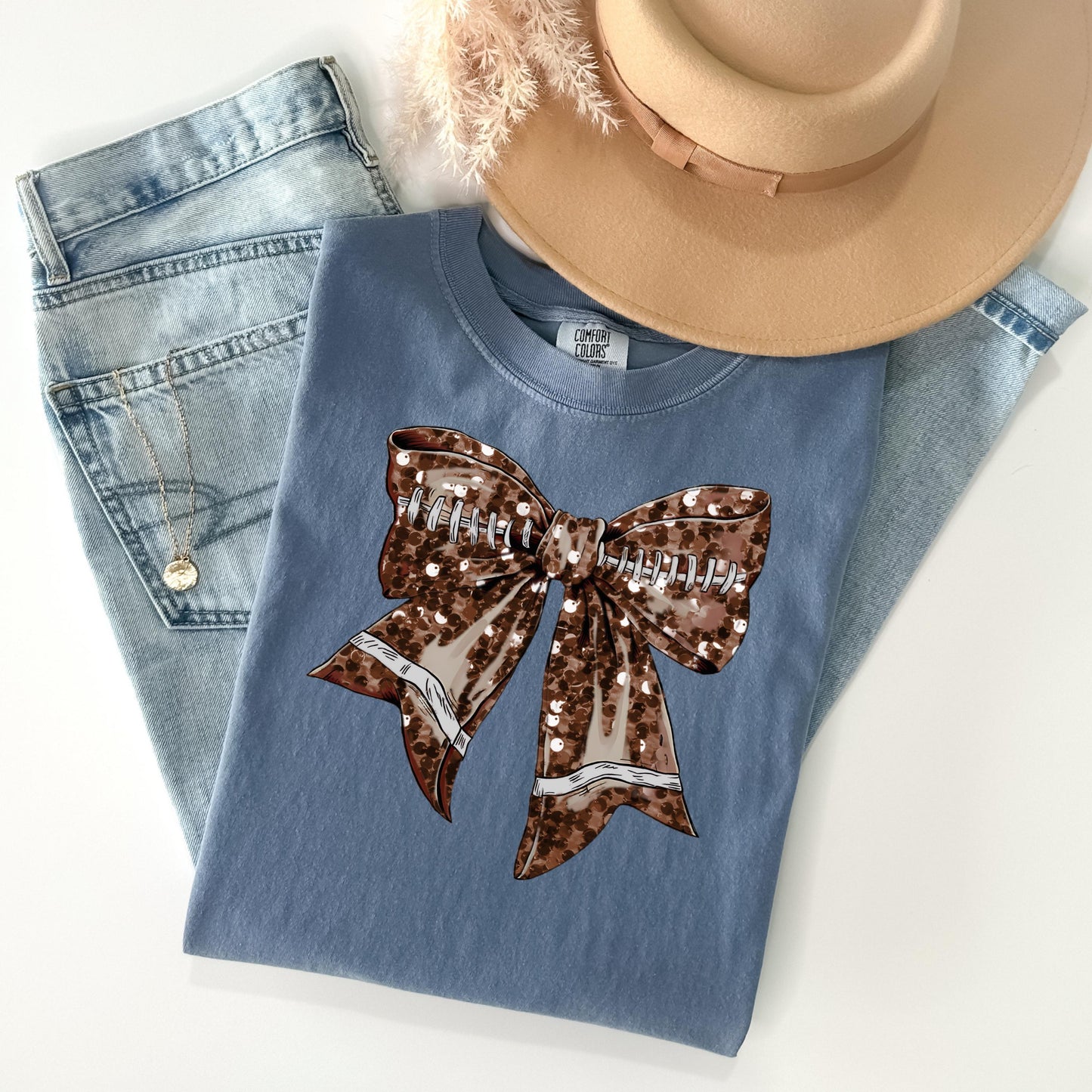 Football Bow Faux Glitter Coquette Shirt - WaveBerry Threads