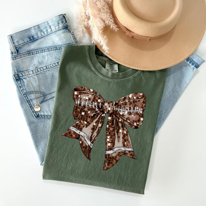 Football Bow Faux Glitter Coquette Shirt - WaveBerry Threads