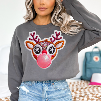 Faux Embroidered Rudolph Bubblegum Crewneck Sweatshirt - WaveBerry Threads