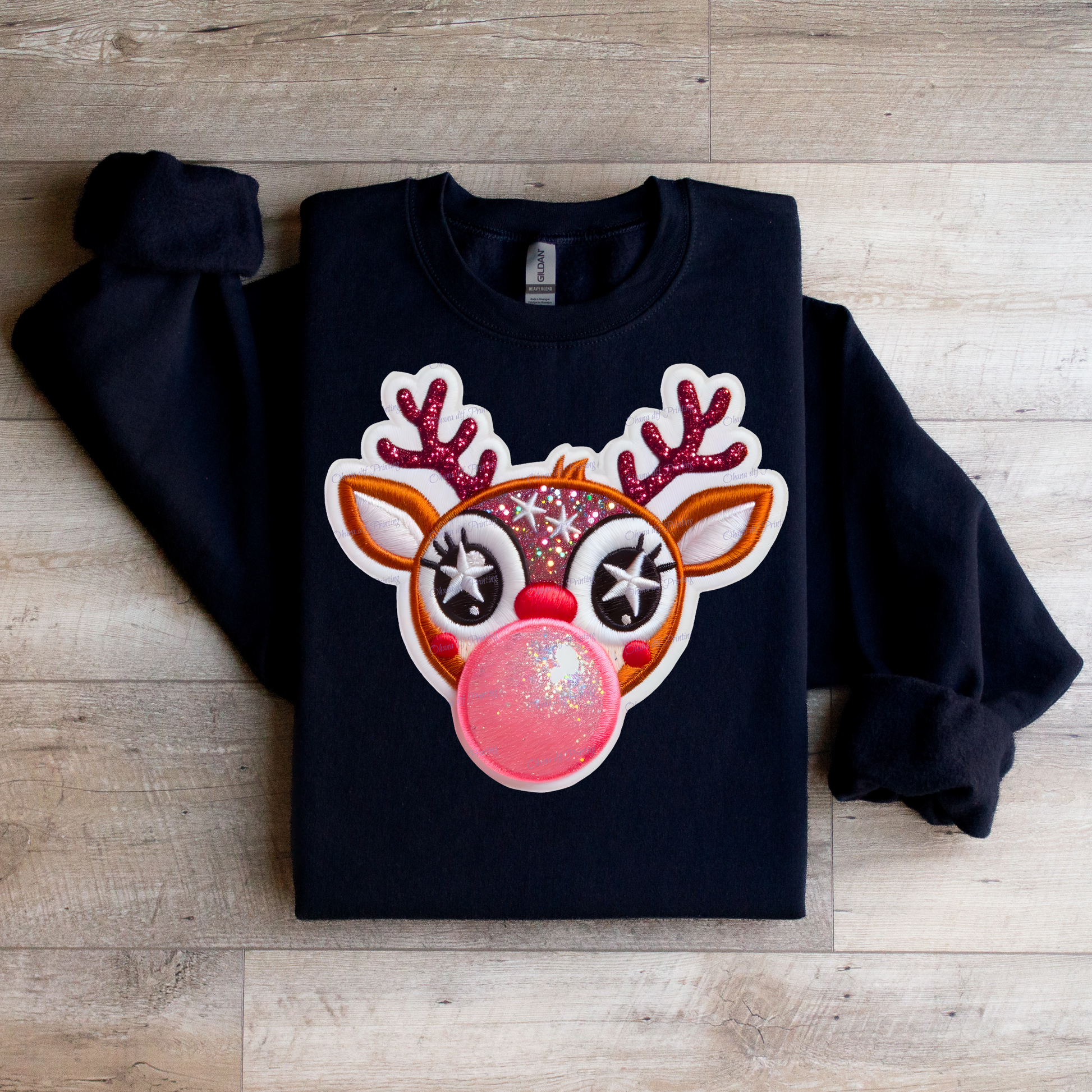 Faux Embroidered Rudolph Bubblegum Crewneck Sweatshirt - WaveBerry Threads