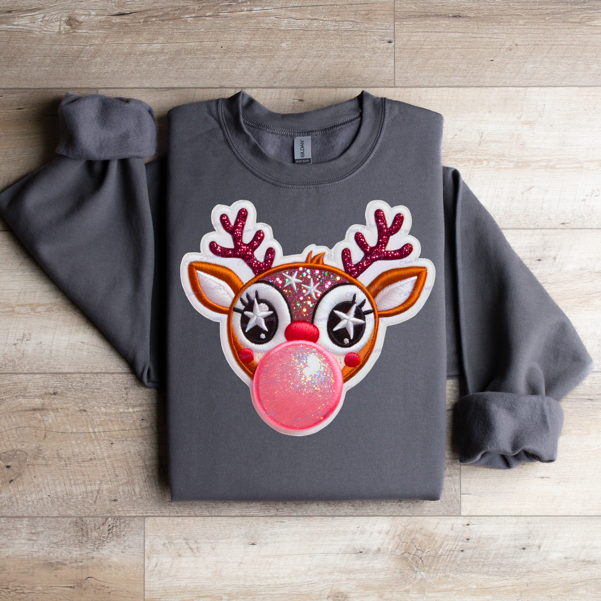 Faux Embroidered Rudolph Bubblegum Crewneck Sweatshirt - WaveBerry Threads