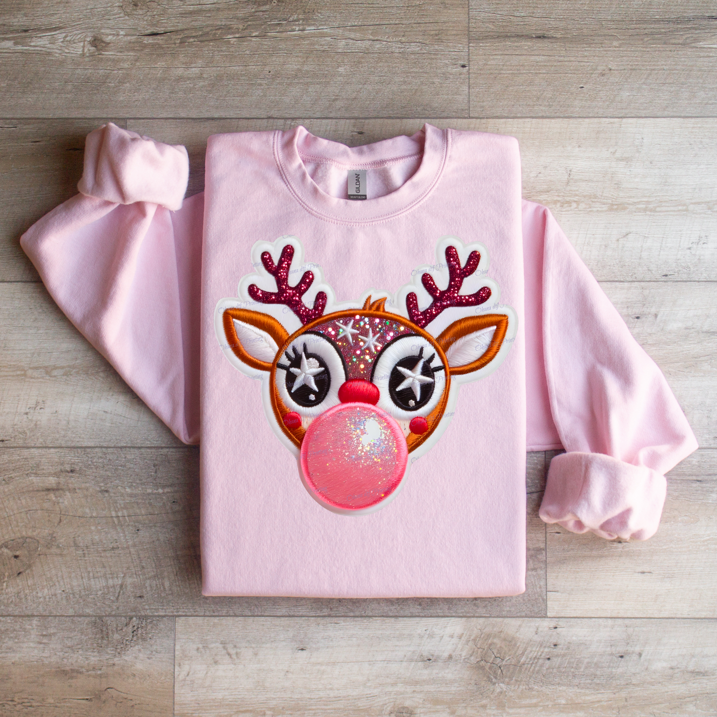 Faux Embroidered Rudolph Bubblegum Crewneck Sweatshirt - WaveBerry Threads