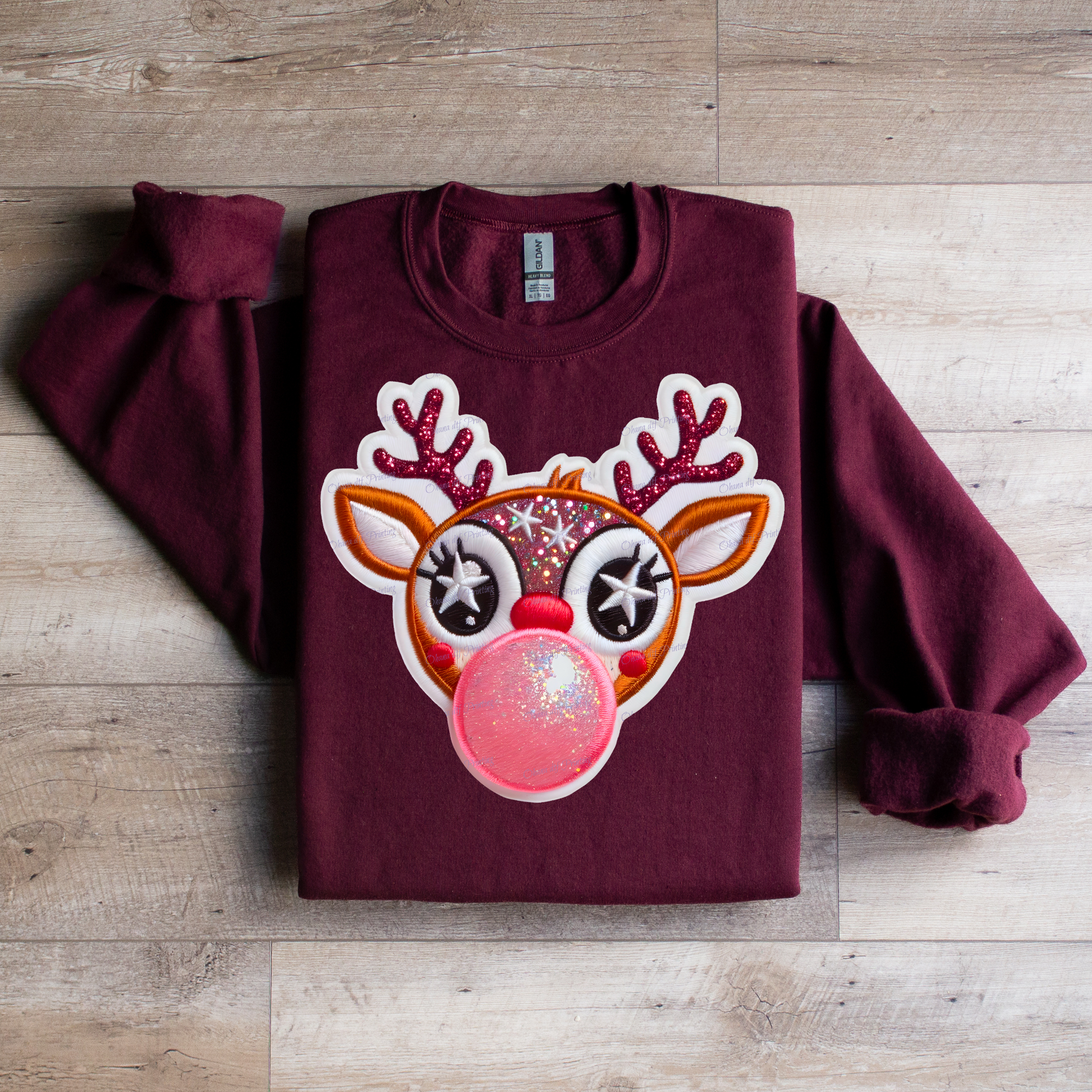 Faux Embroidered Rudolph Bubblegum Crewneck Sweatshirt - WaveBerry Threads