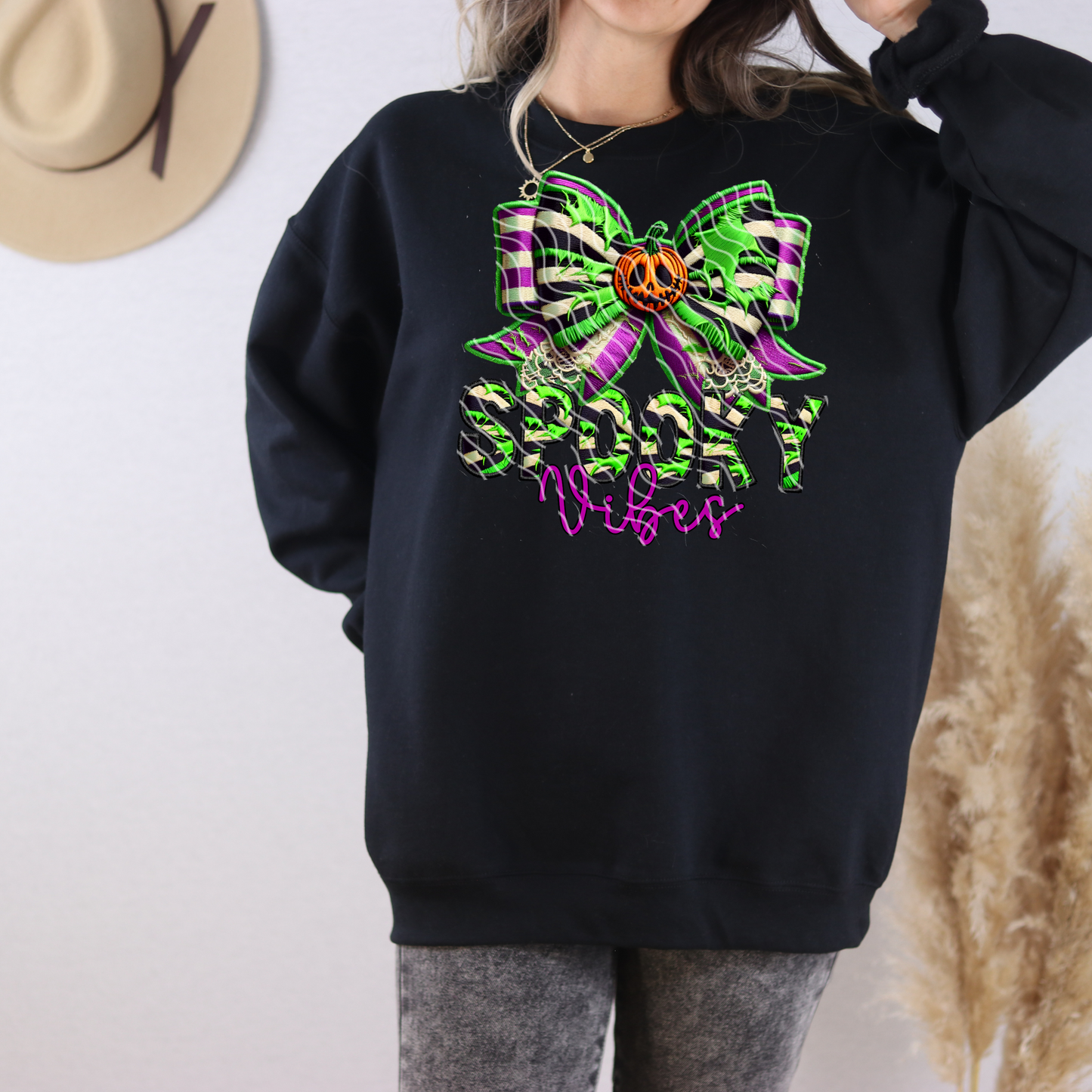 Halloween Spooky Vibes Faux Embroidery Bow Beetlejuice Sweatshirt