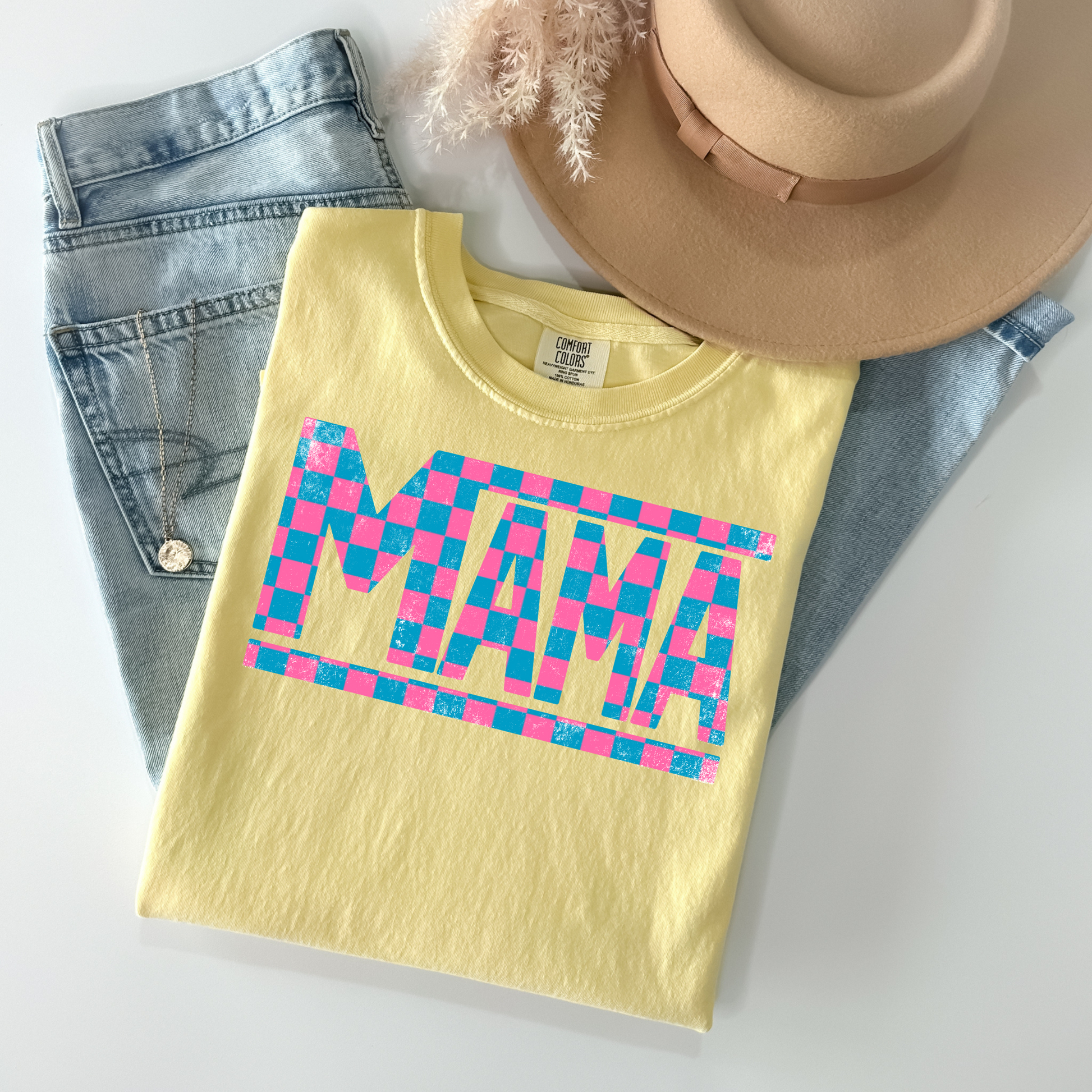 Pink & Blue Checkered Mama T-Shirt - WaveBerry Threads