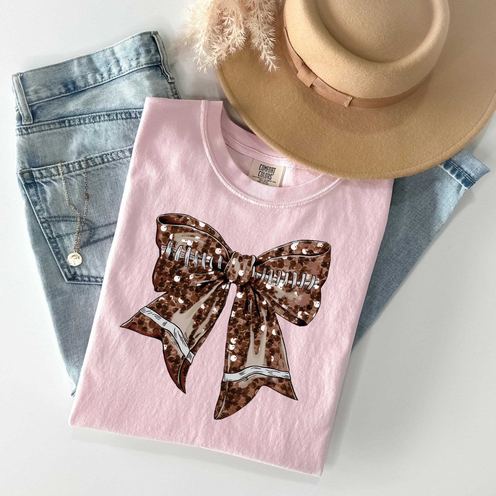 Football Bow Faux Glitter Coquette Shirt - WaveBerry Threads