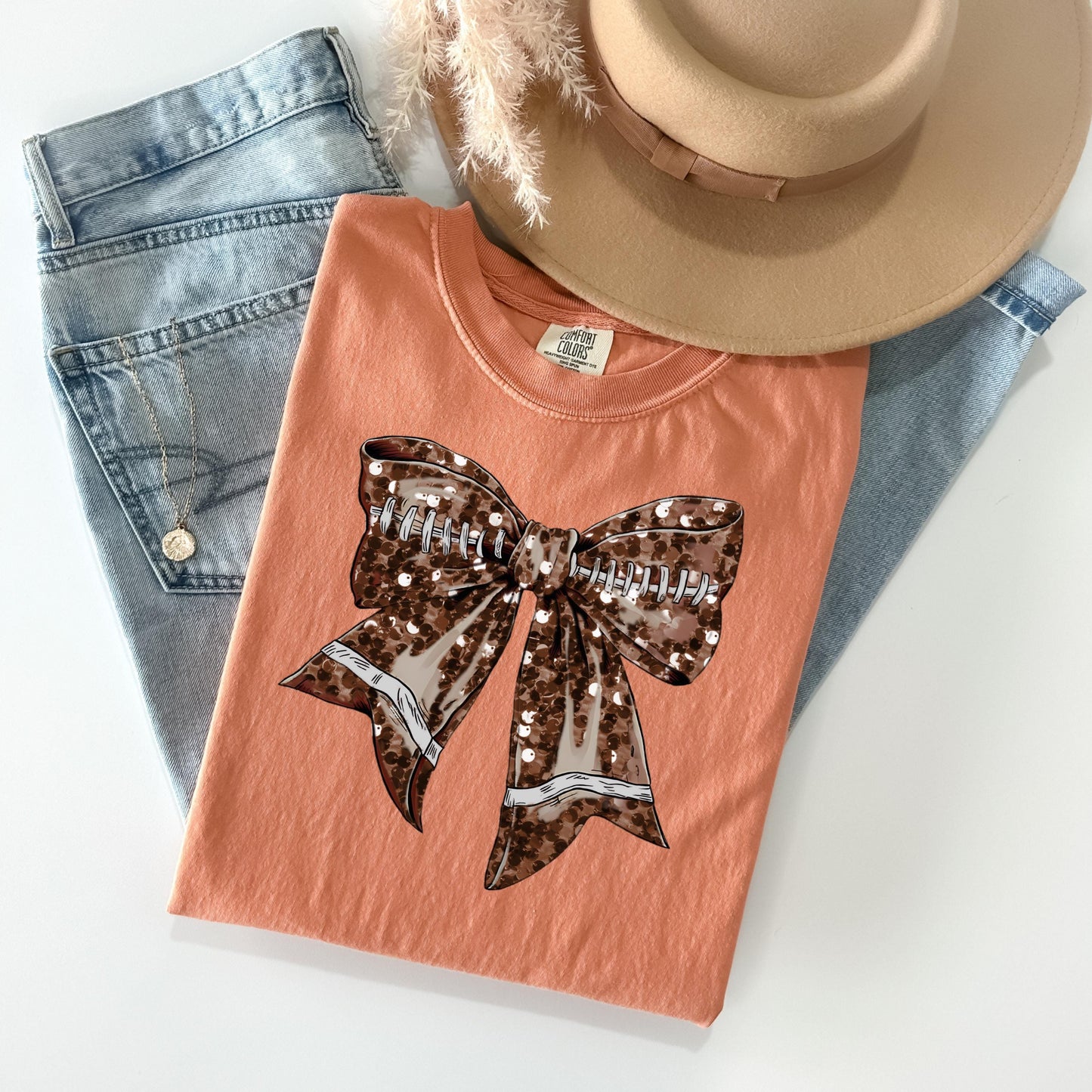 Football Bow Faux Glitter Coquette Shirt - WaveBerry Threads