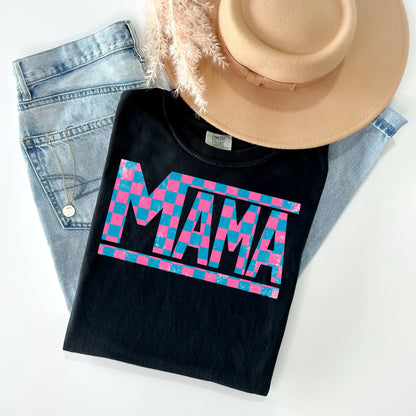 Pink & Blue Checkered Mama T-Shirt - WaveBerry Threads