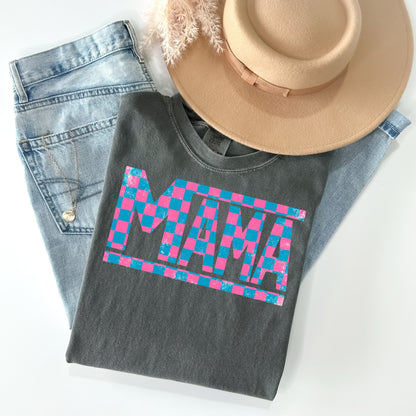 Pink & Blue Checkered Mama T-Shirt - WaveBerry Threads