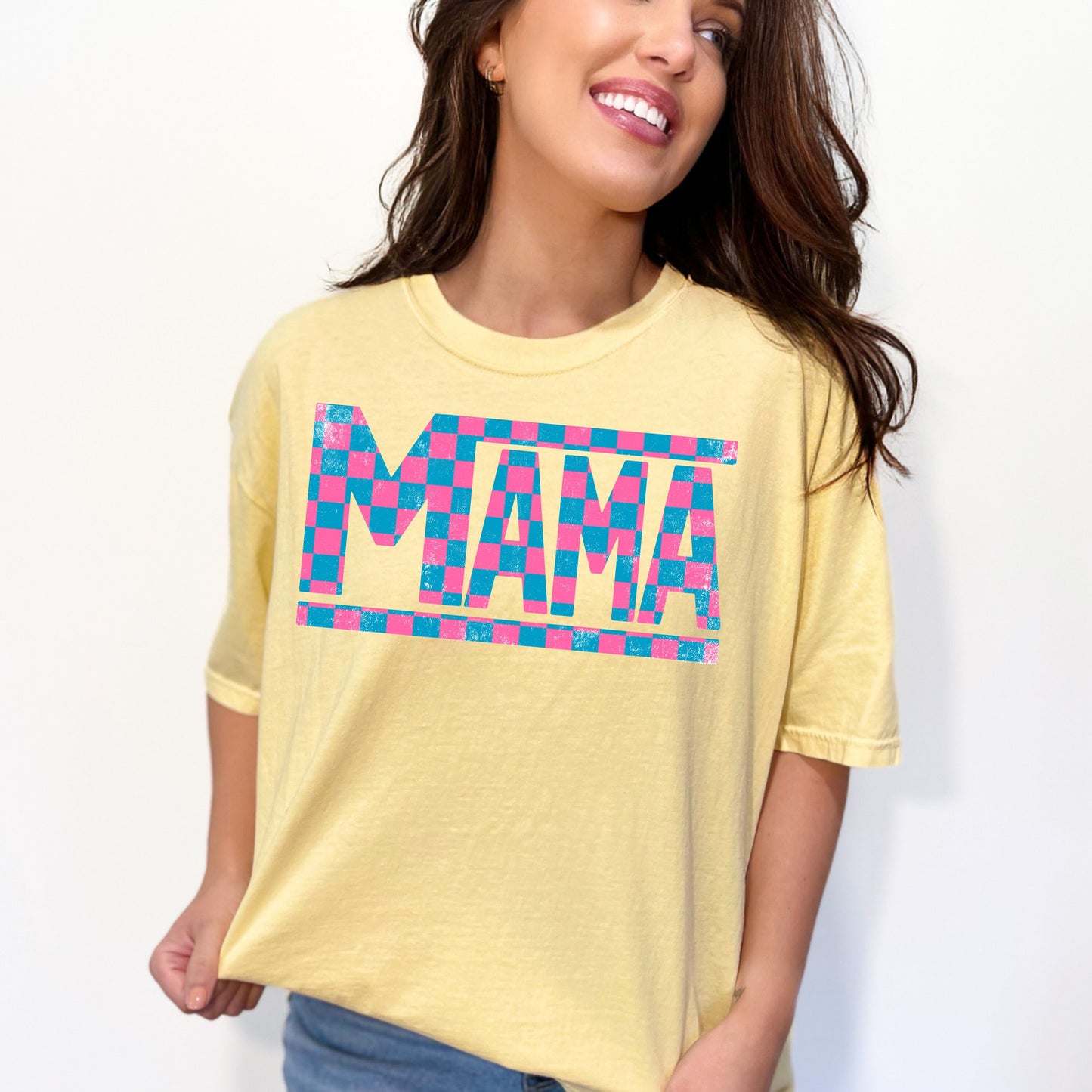 Pink & Blue Checkered Mama T-Shirt - WaveBerry Threads