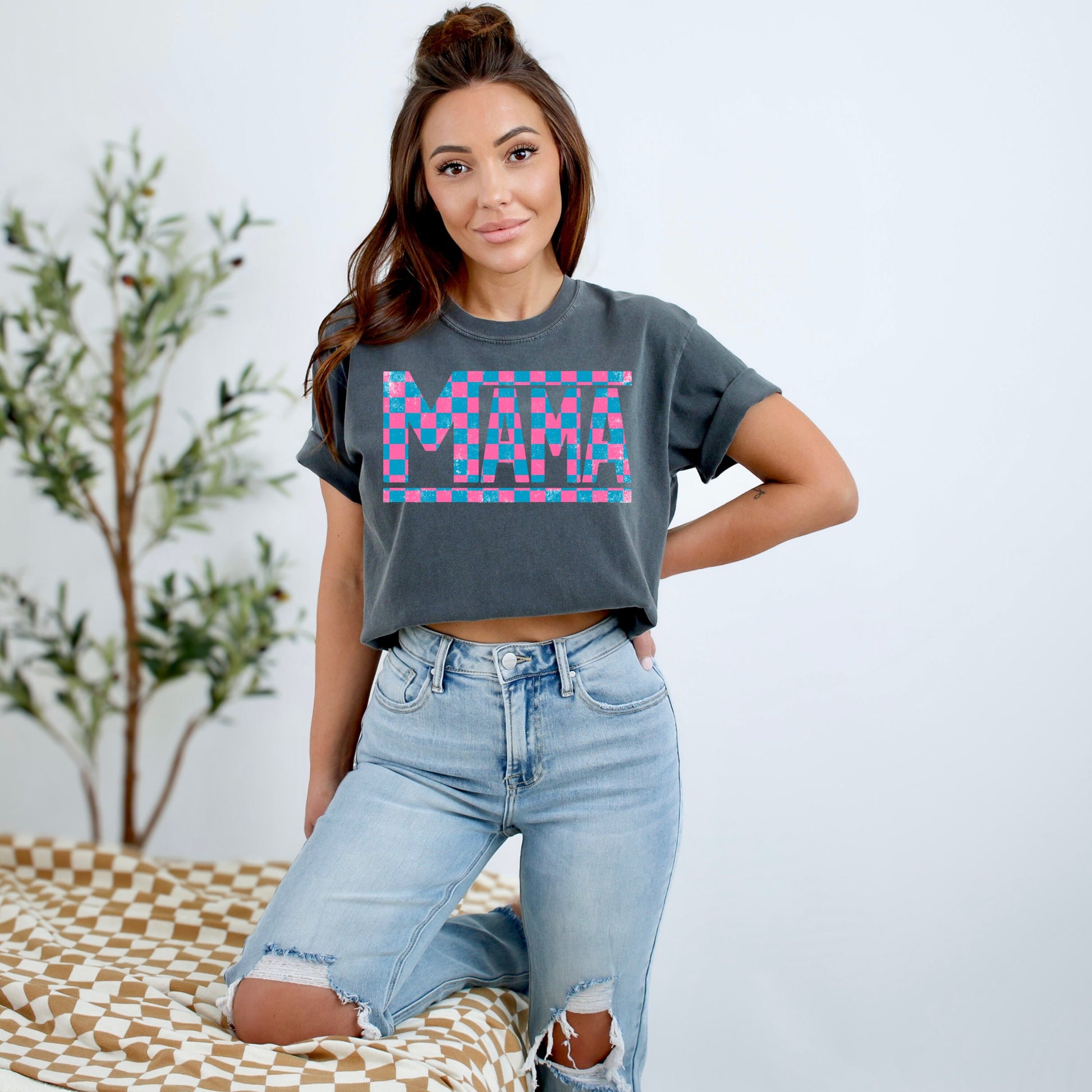 Pink & Blue Checkered Mama T-Shirt - WaveBerry Threads