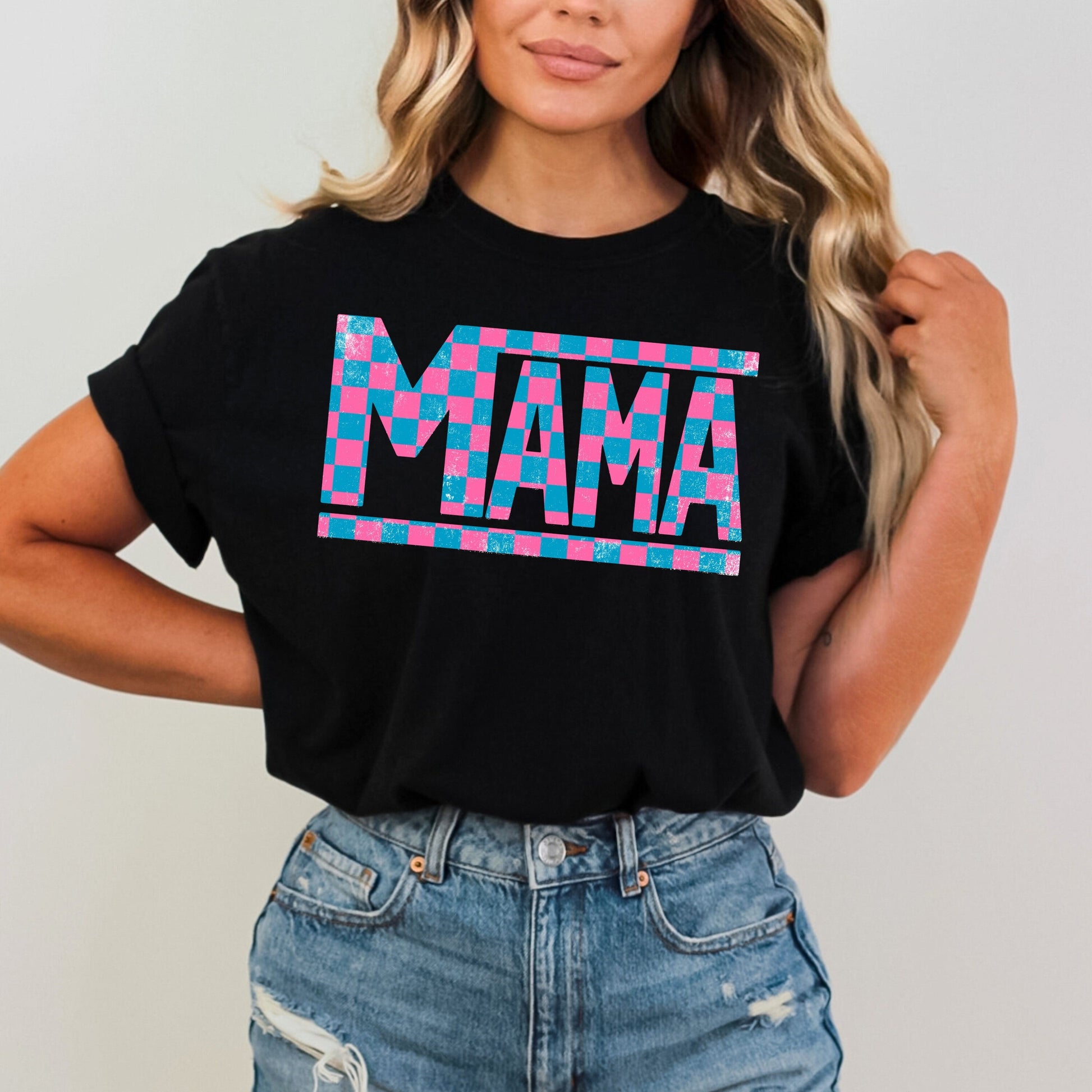 Pink & Blue Checkered Mama T-Shirt - WaveBerry Threads