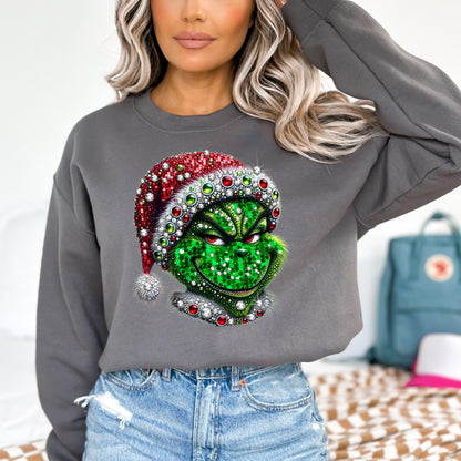 Grinch Faux Rhinestone Sweatshirt - WaveBerry Threads