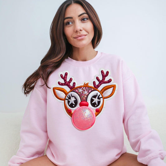 Faux Embroidered Rudolph Bubblegum Crewneck Sweatshirt - WaveBerry Threads