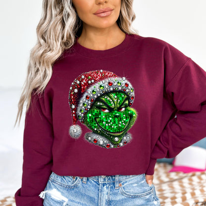 Grinch Faux Rhinestone Sweatshirt - WaveBerry Threads