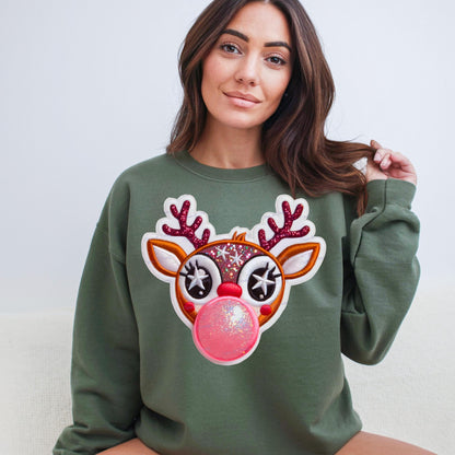 Faux Embroidered Rudolph Bubblegum Crewneck Sweatshirt - WaveBerry Threads