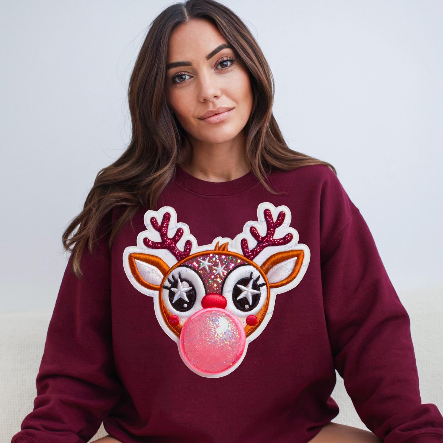 Faux Embroidered Rudolph Bubblegum Crewneck Sweatshirt - WaveBerry Threads