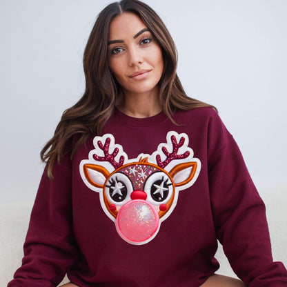 Faux Embroidered Rudolph Bubblegum Crewneck Sweatshirt - WaveBerry Threads