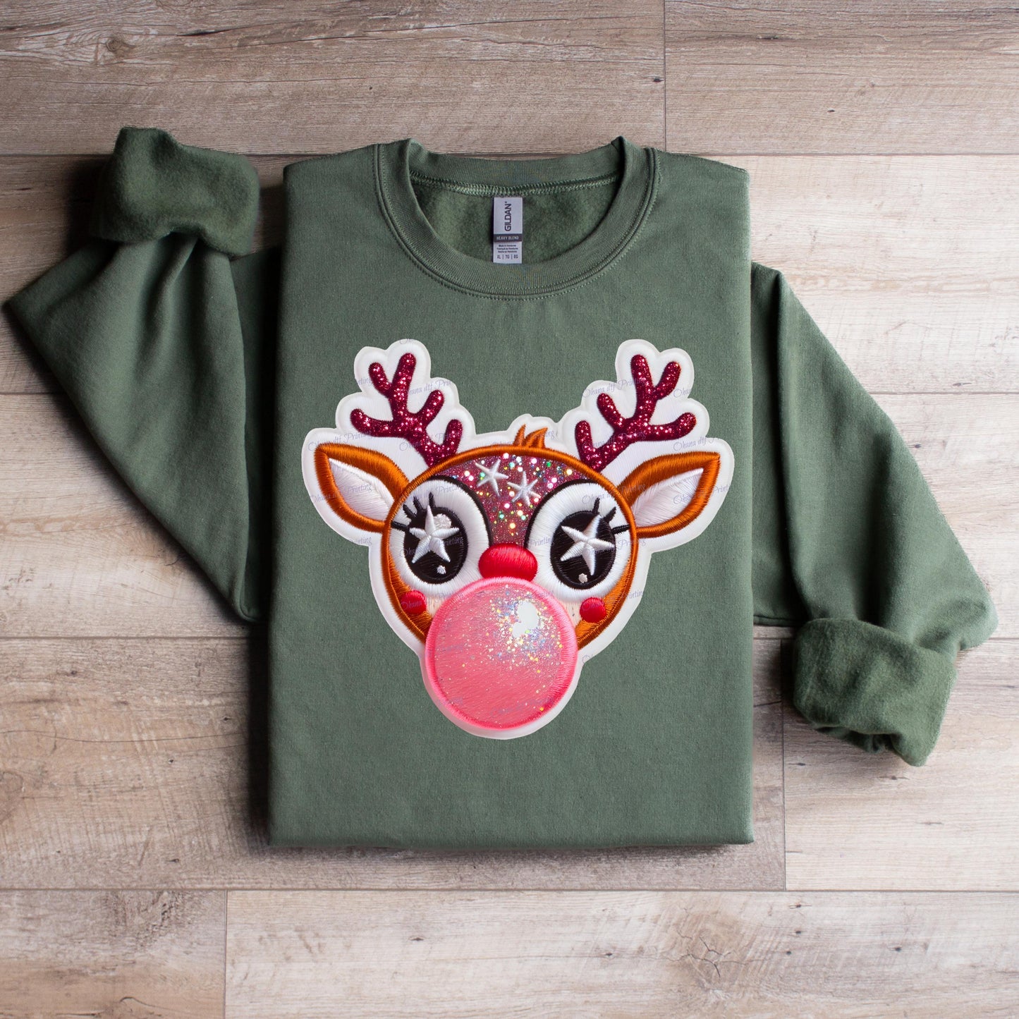 Faux Embroidered Rudolph Bubblegum Crewneck Sweatshirt - WaveBerry Threads