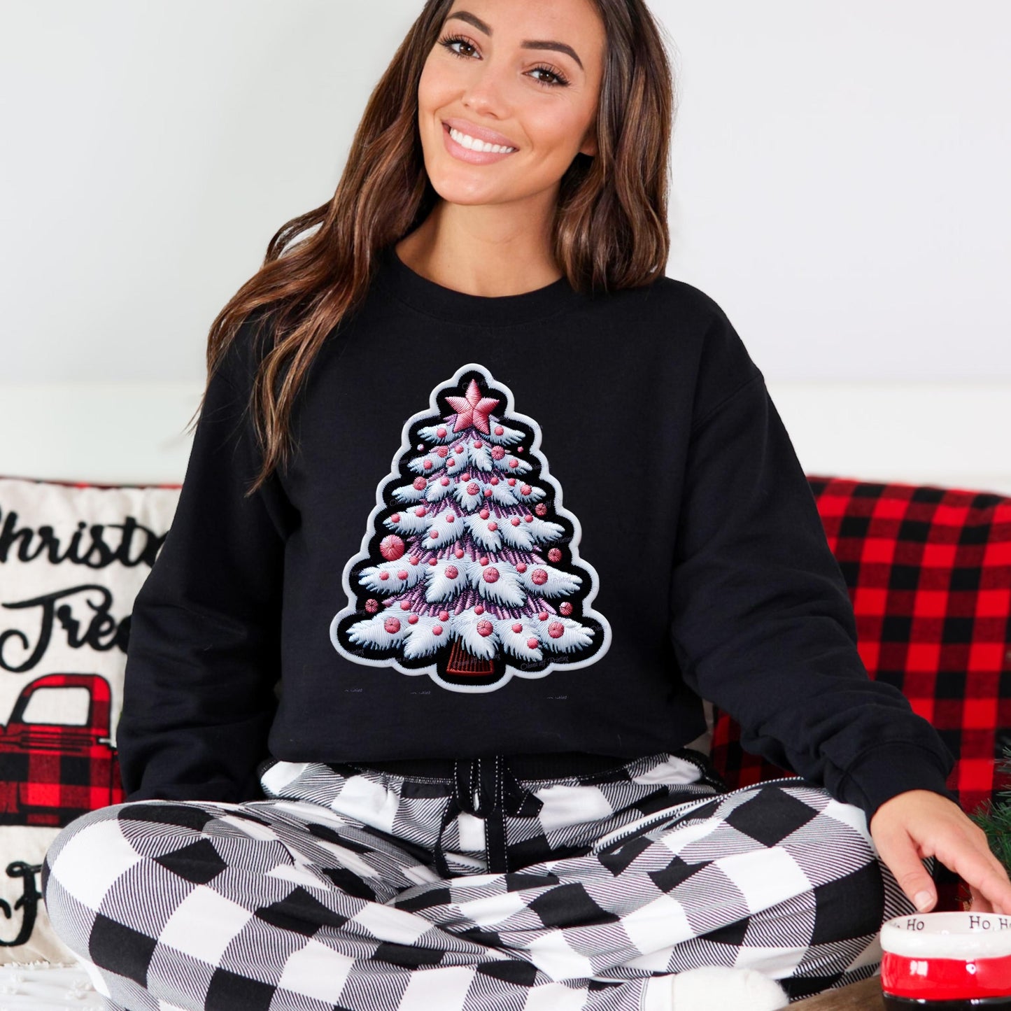 Faux Embroidered Christmas Tree Crewneck Sweatshirt - WaveBerry Threads