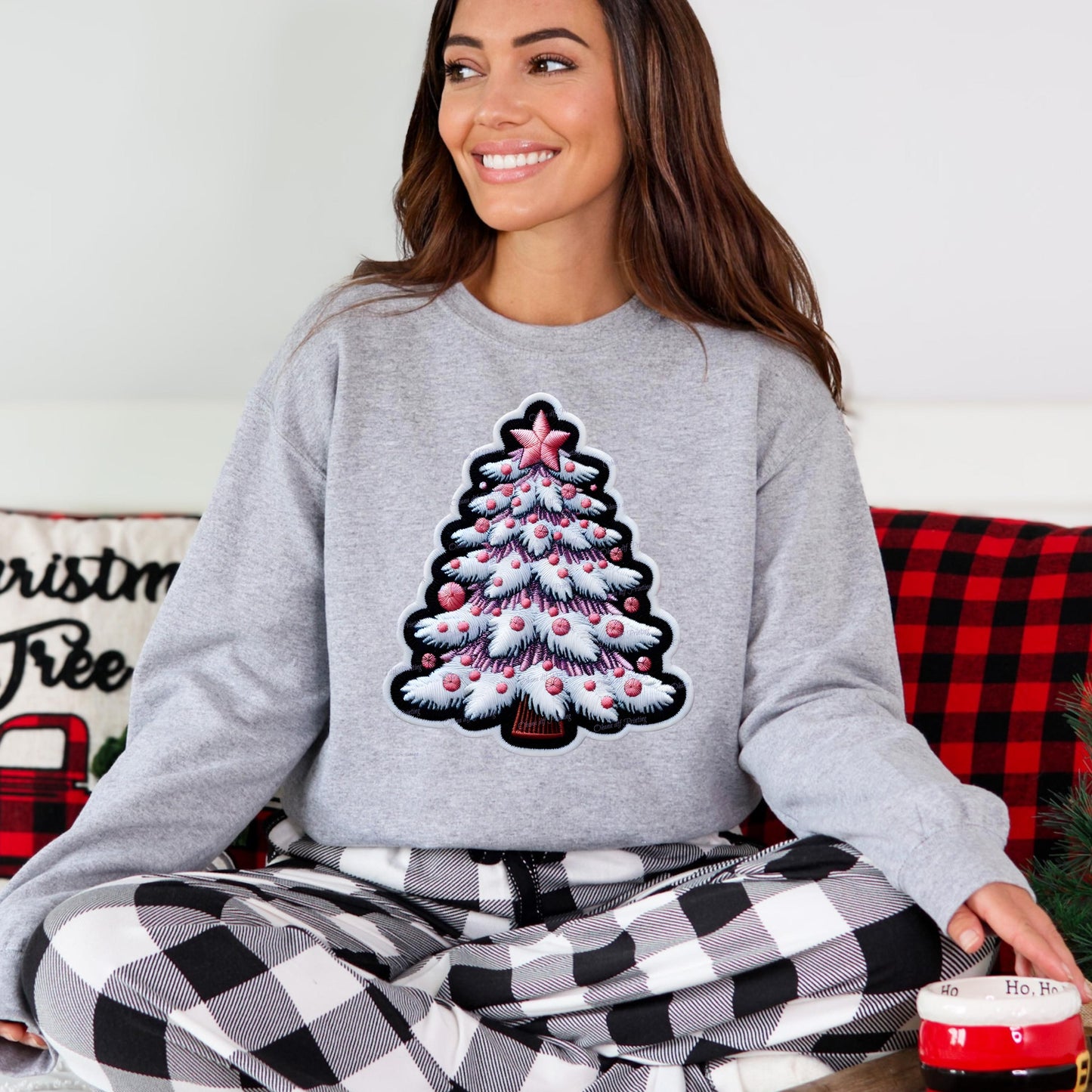 Faux Embroidered Christmas Tree Crewneck Sweatshirt - WaveBerry Threads