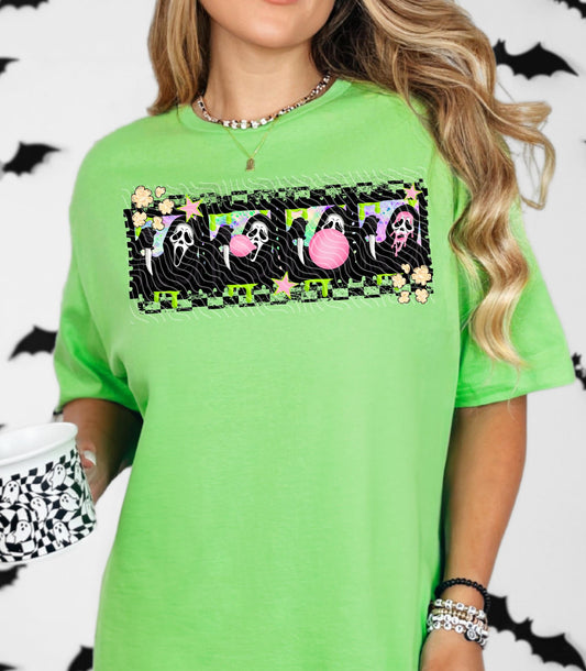 Retro Ghost Mask Bubblegum T-Shirt | Bright Color Graphic Tee | 90s Y2K Horror Pop Culture Shirt | Gildan Softstyle