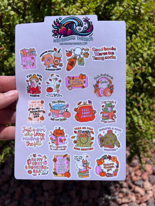 Fall Bookish Sticker Sheet – Cozy Reading, Autumn Book Lover Stickers (4.7" x 7.1")