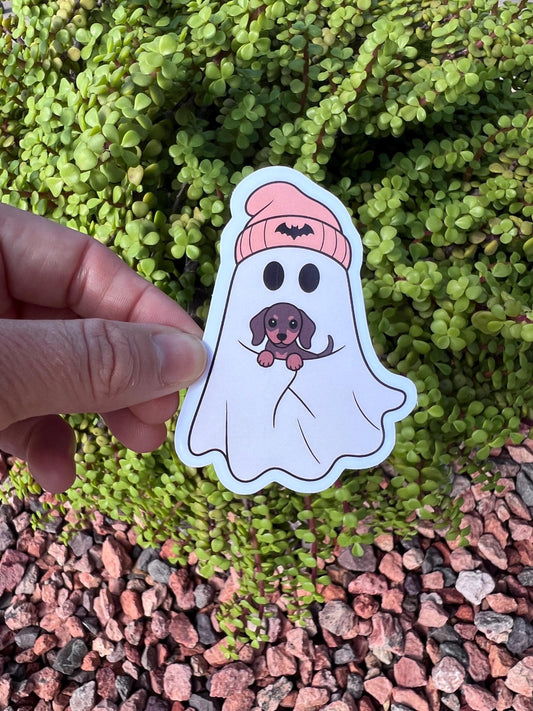 Cute Ghost Dachshund Sticker – Spooky Season Dog Lover Decal, Water-Resistant, 2” or 3”