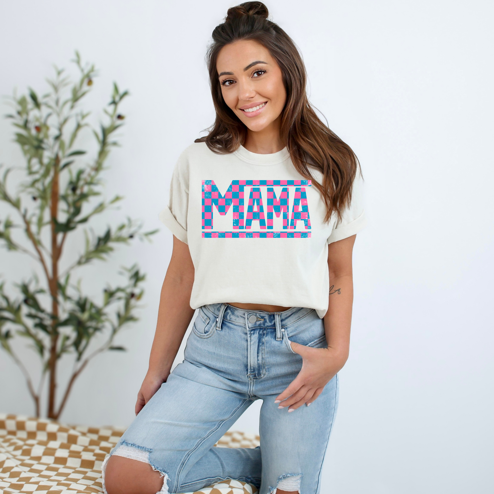 Pink & Blue Checkered Mama T-Shirt - WaveBerry Threads