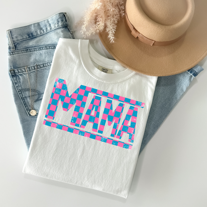 Pink & Blue Checkered Mama T-Shirt - WaveBerry Threads